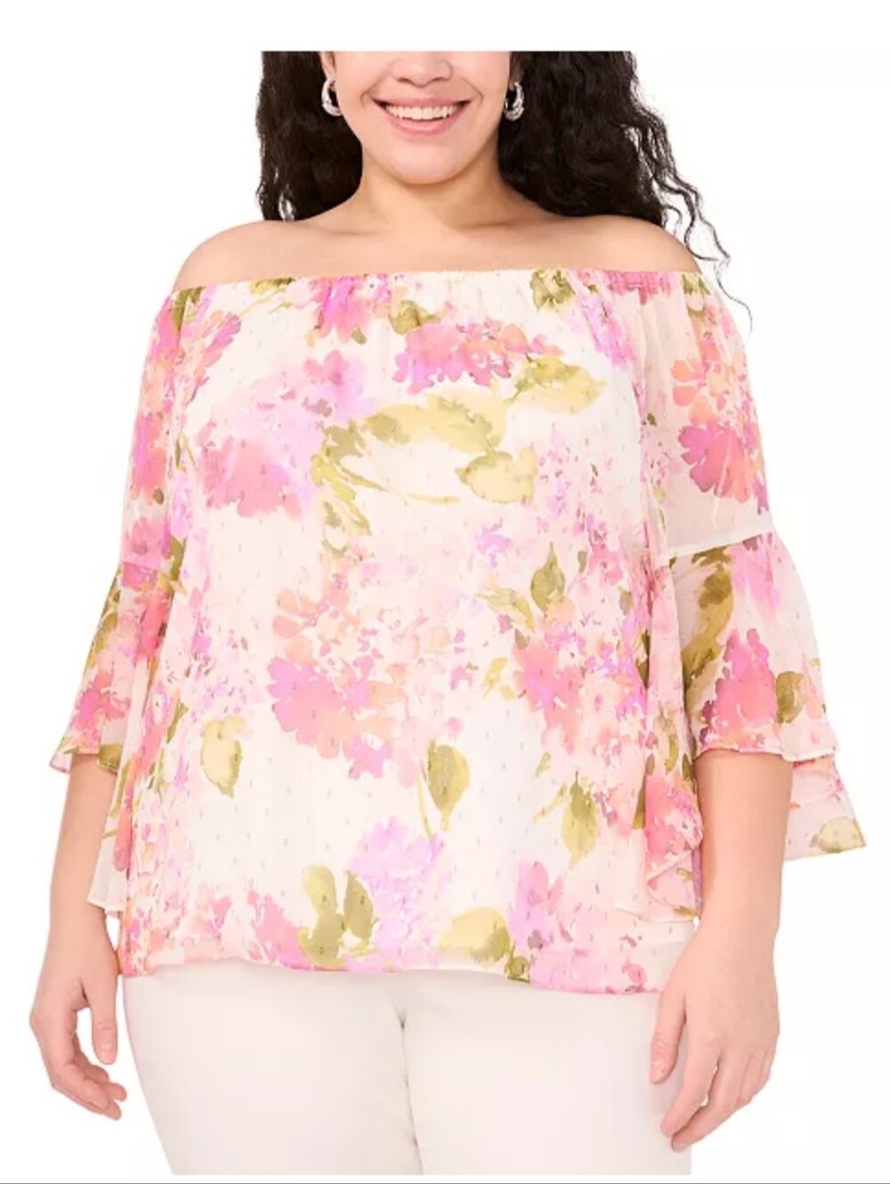 NWT MSK Women Floral Chiffon Tiered Bell Sleeve Blouse Top 1X Pink Romantic Boho